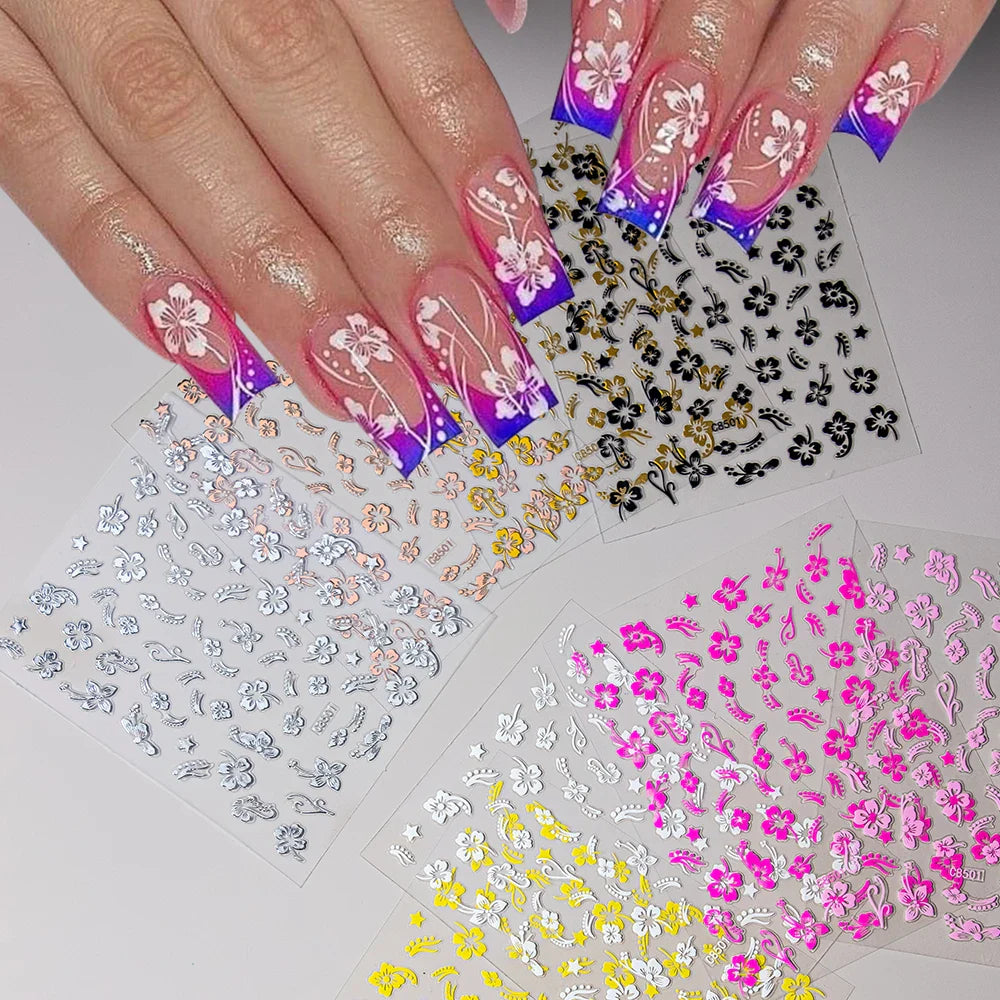 5/8Pcs 3D Hawaiian Flowers Nail Art Stickers Summer Decors with Tropical Leaves Slider Vibrant Pink & White Flowers for Parties* (ONLINE ORDER ONLY)