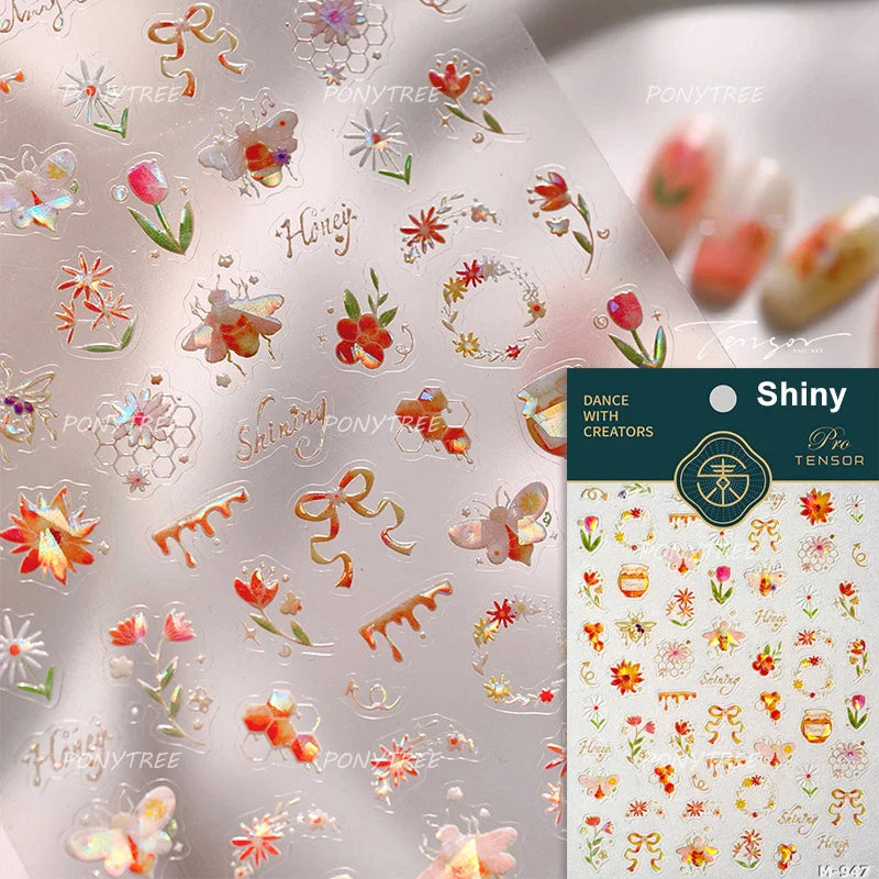 Cute Bee Honey Jar Daisy Flowers Gather Honey Pot Love Heart Green Leaves Reliefs Self Adhesive Nail Art Stickers Manicure Decal (ONLINE ORDER ONLY)