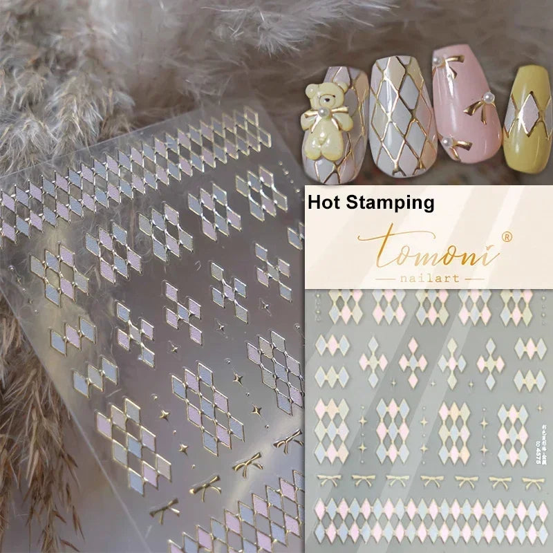 Geometric French Style Colorful Square Grid Rhombus Line Stripe Bowknot 3D Self Adhesive Nail Art Stickers Shiny Manicure Decals (ONLINE ORDER ONLY)