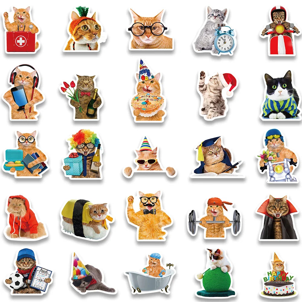 50pcs Funny Cats Meme Stickers For Luggage Guitar Laptop Phone Vinyl Waterproof Graffiti Bicycle Car Decals Kids Toy (ONLINE ORDER ONLY)