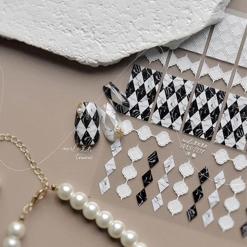 French Style Geometric Black White Square Grid Rhombus Stripe 3D Self Adhesive Nail Art Stickers Shiny Rhinestone Manicure Decal (ONLINE ORDER ONLY)