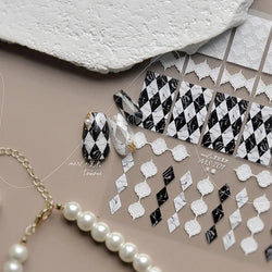 French Style Geometric Black White Square Grid Rhombus Stripe 3D Self Adhesive Nail Art Stickers Shiny Rhinestone Manicure Decal (ONLINE ORDER ONLY)