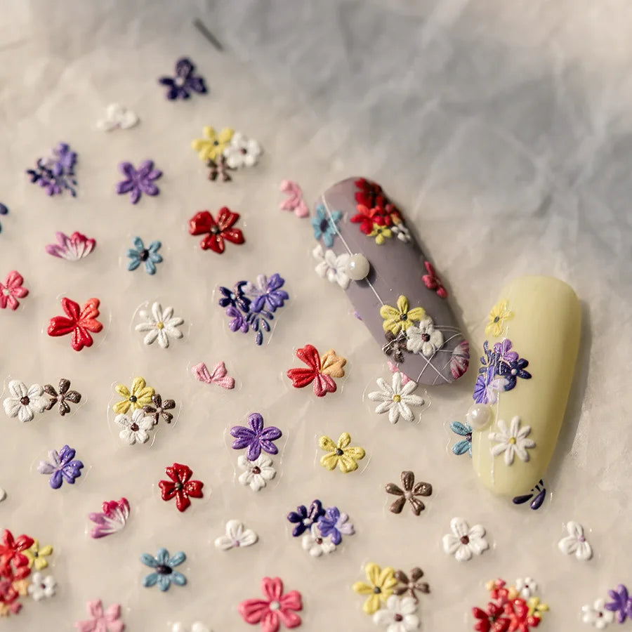 Chic Wild Flower Oil Painting Small Variegated Daisy Peach Blossom Lavender Petal Adhesive Nail Art Stickers Manicure Decals (Online Order Only)