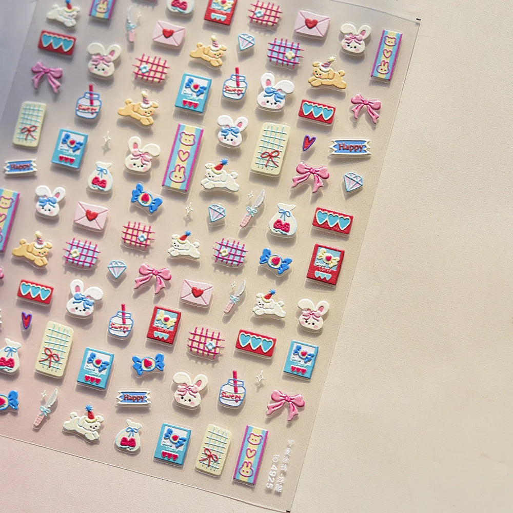 Graffiti Rabbit Dog Bunny Milk Strawberry Jewel Candy Knife Envelope Soft Relief Adhesive Nail Art Stickers Cute Manicure Decals (Online Order Only)