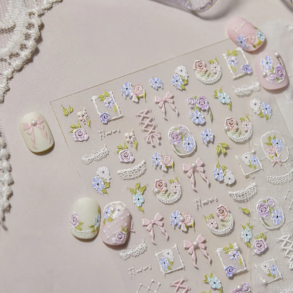 Rose Flower Bouquet Leaves Lace Bowknot Pearl Photo Frame Gird Embossed Reliefs Self Adhesive Nail Art Stickers Manicure Decals (ONLINE ORDER ONLY)