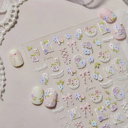 Rose Flower Bouquet Leaves Lace Bowknot Pearl Photo Frame Gird Embossed Reliefs Self Adhesive Nail Art Stickers Manicure Decals (ONLINE ORDER ONLY)