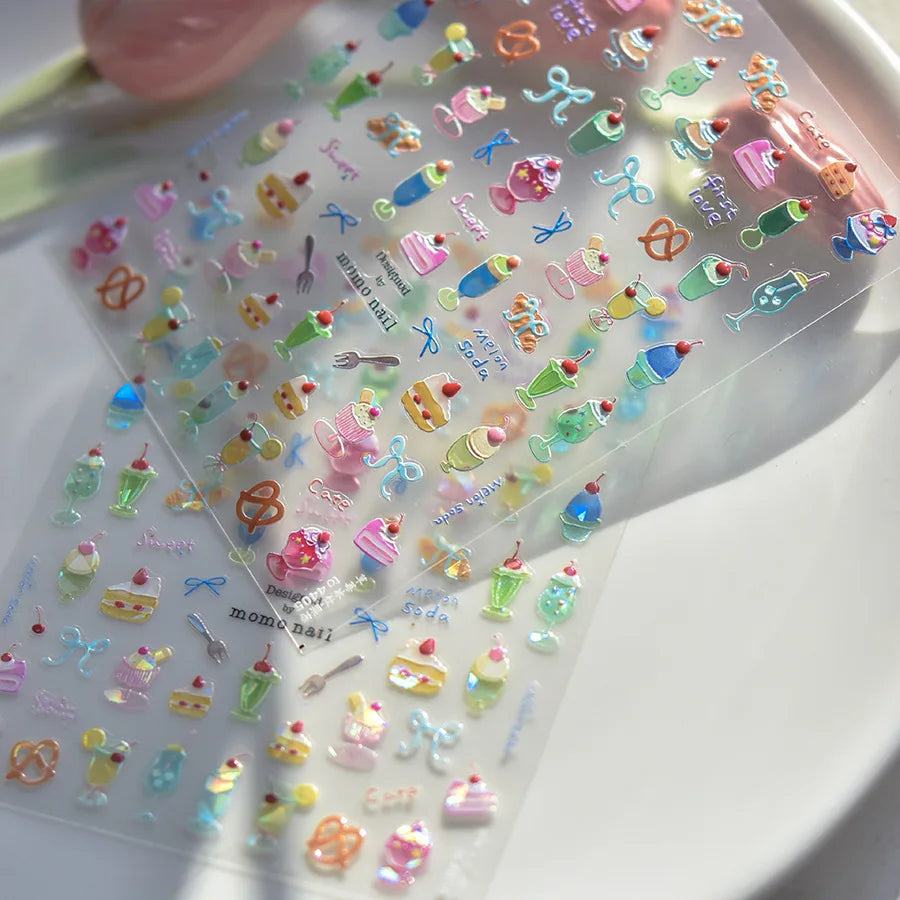 Colorful Food Pudding Alkali Water Bowknot Cream Fork Cup Bread Jelly Fruit Cartoon Cake Relief Nail Art Sticker Manicure Decals (ONLINE ORDER ONLY)