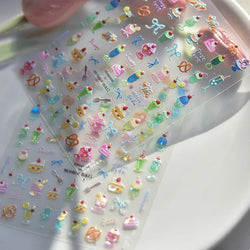 Colorful Food Pudding Alkali Water Bowknot Cream Fork Cup Bread Jelly Fruit Cartoon Cake Relief Nail Art Sticker Manicure Decals (ONLINE ORDER ONLY)