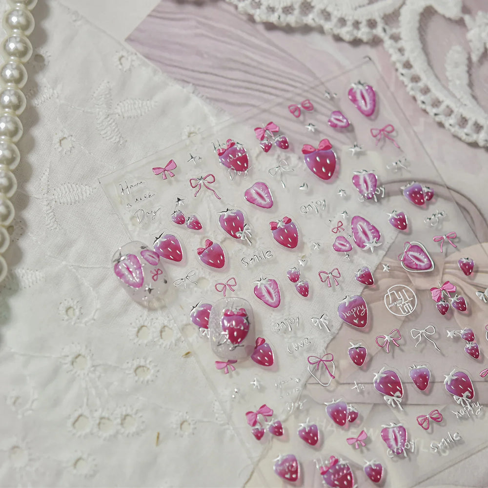 Cute Pink Tempting Strawberries Attractive Fruit Cutting Line Bowknot Star Silver Stamping Chic Nail Art Stickers Manicure Decal (ONLINE ORDER ONLY)