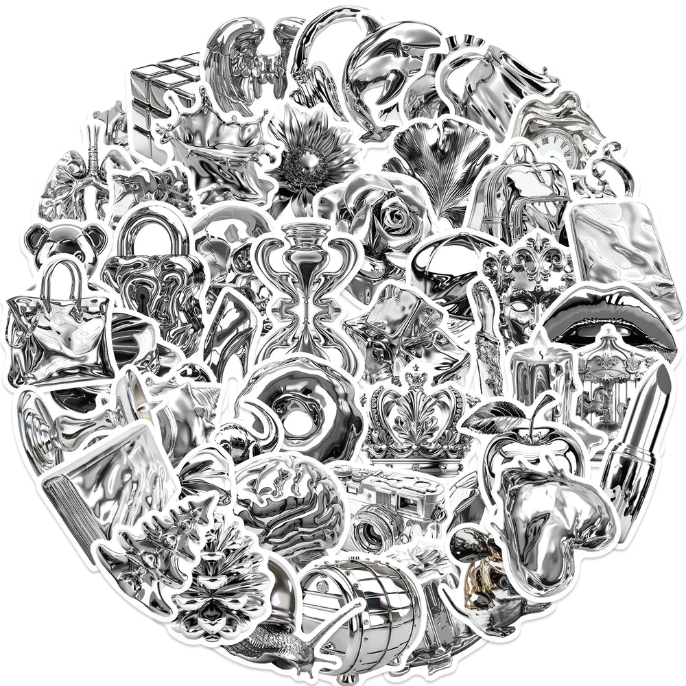 50PCS Cool Silver Stuff Stickers Cartoon Decorative Goods Stickers for Phone Laptop Water Bottle Computer Refrigerator Luggage (ONLINE ORDER ONLY)