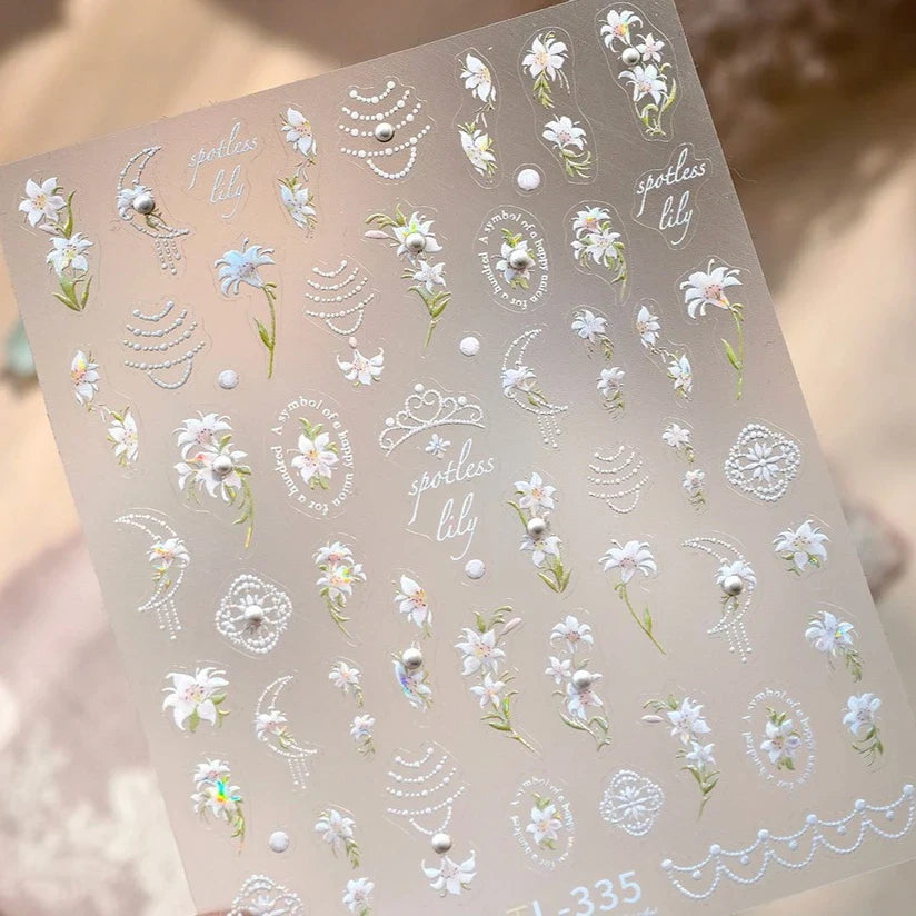 Spotless Lily Lilium Flowers Moon Pearl Crown Lily-white Pearl Necklace Pendant Self Adhesive Nail Art Stickers Manicure Decals (Online Order Only)