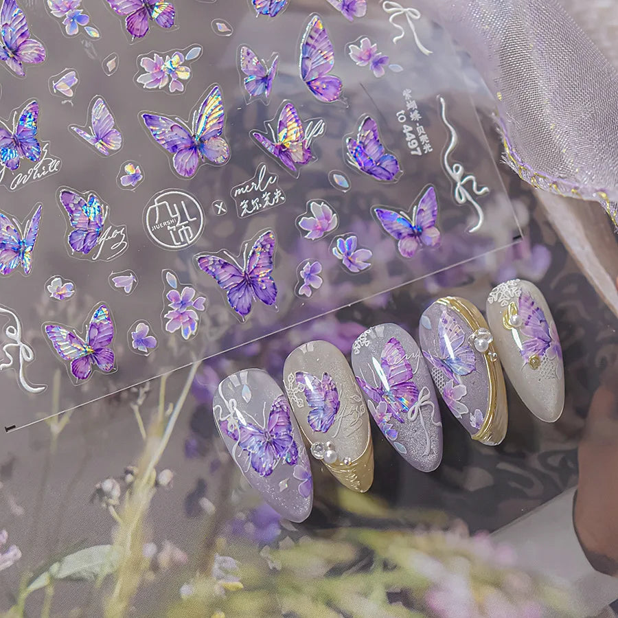 Delicate Tender Purple Butterfly Seal Pattern Insect Shiny Golden Stroke Nail Art Decoration Sticker Dressy Laser Manicure Decal (ONLINE ORDER ONLY)