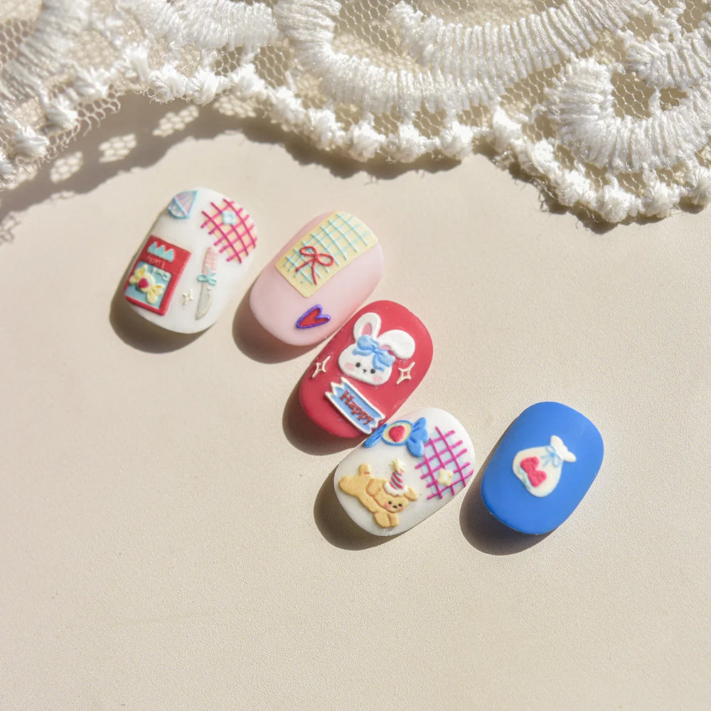 Graffiti Rabbit Dog Bunny Milk Strawberry Jewel Candy Knife Envelope Soft Relief Adhesive Nail Art Stickers Cute Manicure Decals (Online Order Only)