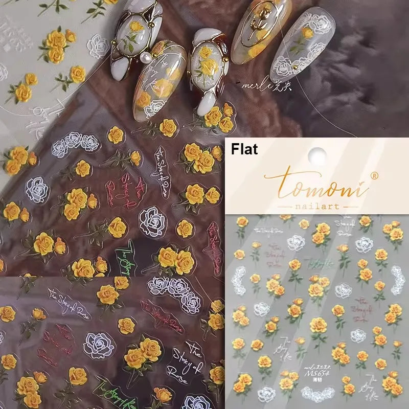 Dried Flowers Rose Butterfly Love Heart Golden Stroke Flying Crane Silver Adhesive Nail Art Stickers Rhinestone Manicure Decals (ONLINE ORDER ONLY)