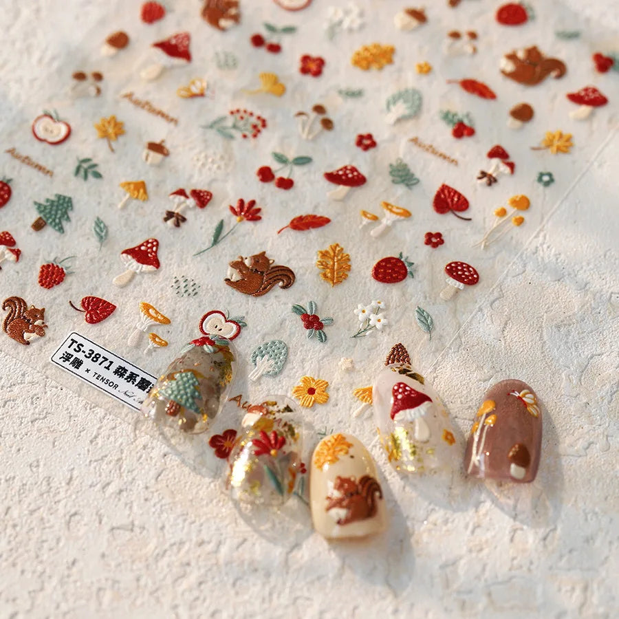 Squirrel Mushroom Apple Strawberry Cherry Pinecone Ginkgo Leaf Self Adhesive Nail Art Stickers Butterfly Flower Manicure Decals (ONLINE ORDER ONLY)