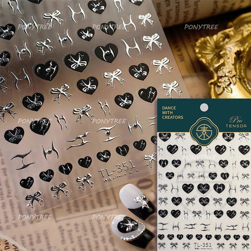 Black Silver Bowknot Love Heart Lace Irregular Line Lava Chic Self Adhesive Nail Art Stickers Embossed Reliefs Manicure Decals (Online Order Only)