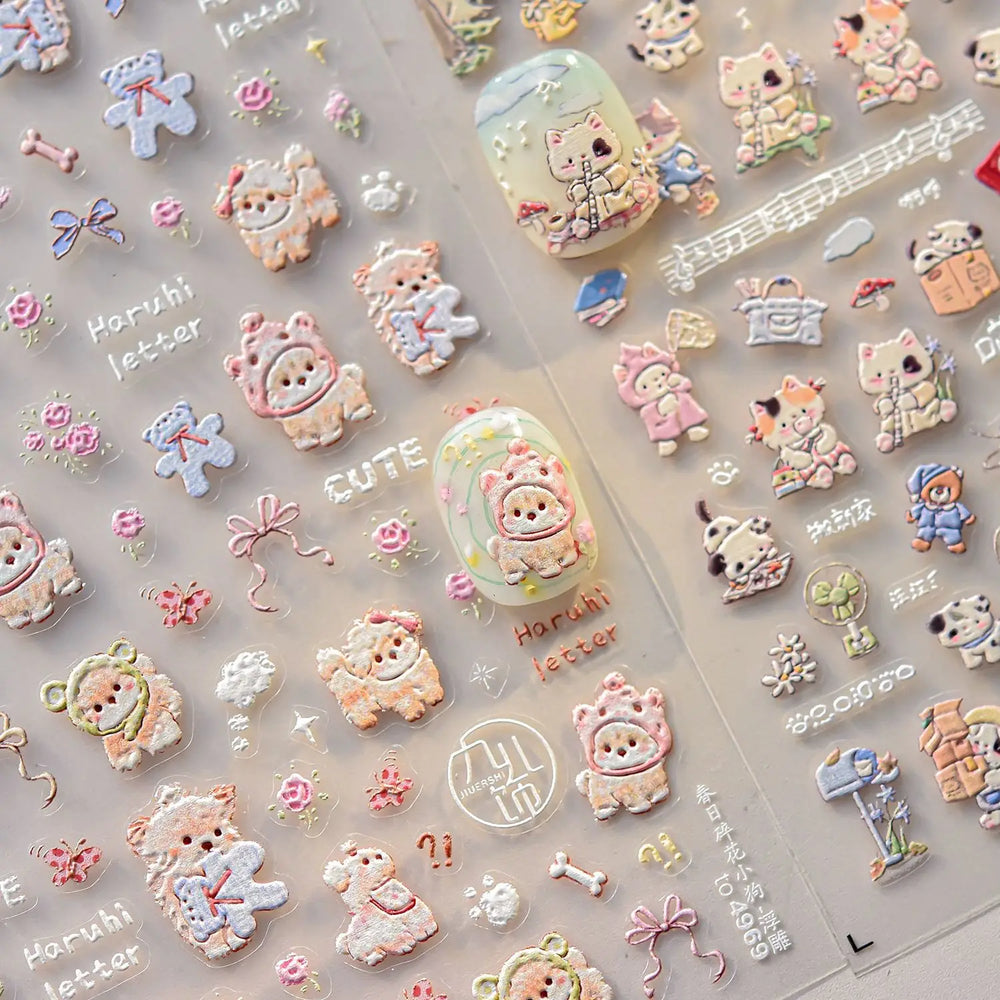 Spring Dog Bear Toy Rose Flower Floral Print Letter Bone Butterfly Cat Puppy Relief Adhesive Nail Art Stickers Manicure Decals (Online Order Only)