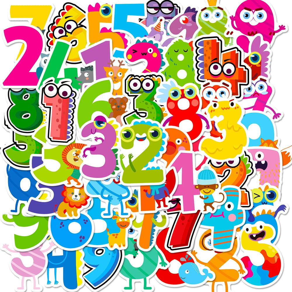50Pcs Cartoon Arabic Numerals Graffiti Stickers for Helmet, Wall, DIY Decor (ONLINE ORDER ONLY)