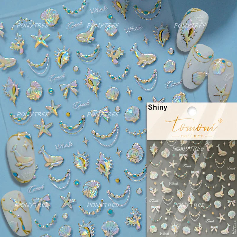Marine Shell Starfish Ocean Elements Pearl Star Fishing Net Colourful Underwater Organisms 5D Nail Art Stickers Manicure Decals (Online Order Only)