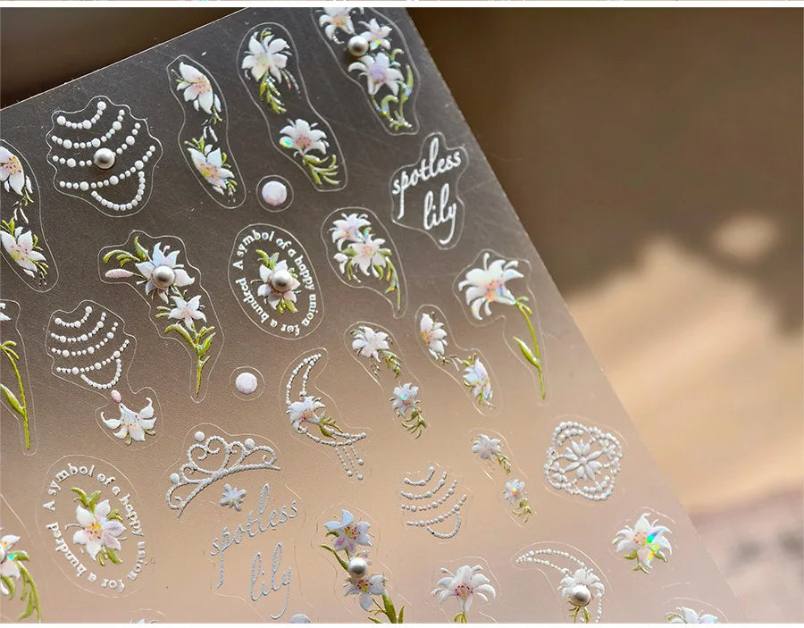 Spotless Lily Lilium Flowers Moon Pearl Crown Lily-white Pearl Necklace Pendant Self Adhesive Nail Art Stickers Manicure Decals (Online Order Only)