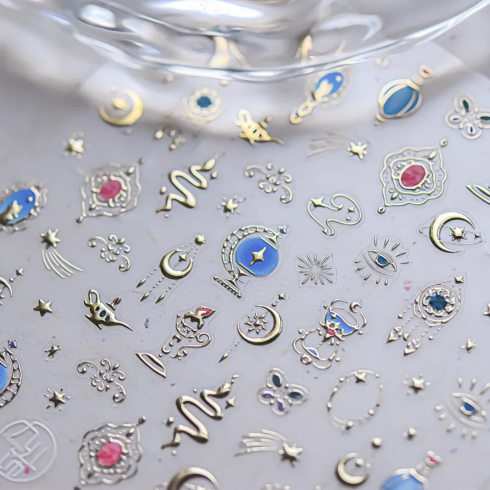 Metal Snake Flower Pattern Stars Eye Pot Moon Butterfly Story Retro Meteor Candle Hourglass Nail Art Sticker Manicure Tool Decal (ONLINE ORDER ONLY)