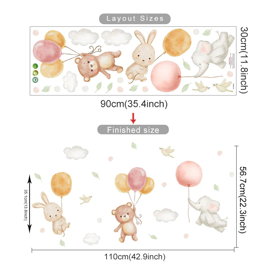 Bear Rabbit Balloon Cloud Nursery Wall Decals Removable Posters Kids Room Decor (ONLINE ORDER ONLY)