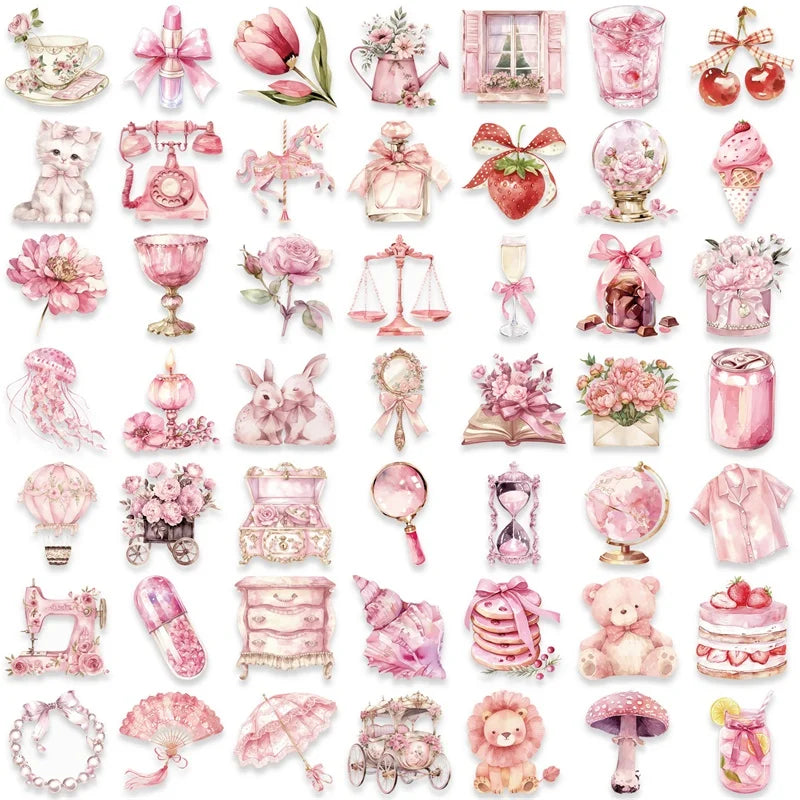 50PCS Cartoon Pink PET Sticky Sticker Aesthetic Korean Stationery DIY Decoration Scrapbooking School Supplies for Kids (ONLINE ORDER ONLY)