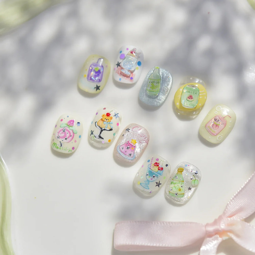 Soda Fruit Beverage Bottle Bear Watermelon Popsicle Dessert Ice Cream Cat Cherry Strawberry Bow Summer Nail Art Stickers Decals (ONLINE ORDER ONLY)