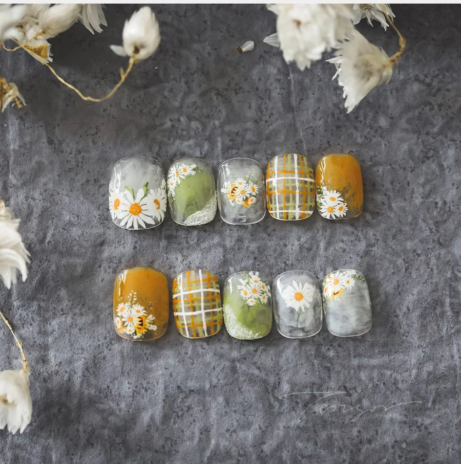 White Daisy Sunflower Green Leaves Wreath Garland Flower Cluster Bouquet Flat Adhesive Nail Art Sticker Manicure Decals Supplies (Online Order Only)