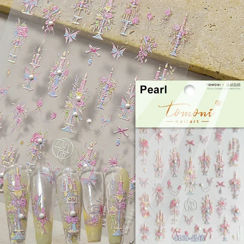 Romantic Candle Holder Lace Rambler Rose Pink Flower Bowknot Candlestick Ribbon Adhesive Nail Art Stickers Shiny Manicure Decals (ONLINE ORDER ONLY)