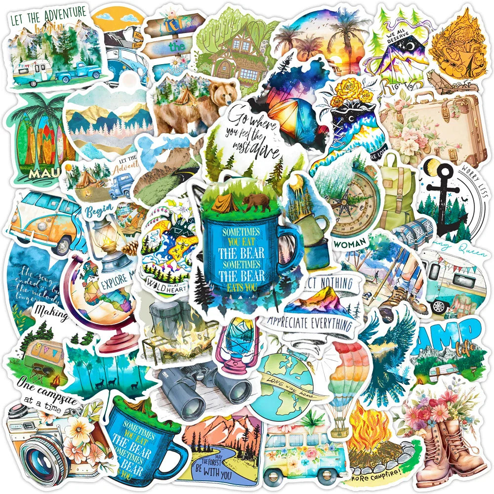 Outdoor Travel Camping Cartoon Stickers for Laptop, Motorcycle, Car, Phone, Suitcase, Kids Toys - 10/30/50pcs (Online Order Only)