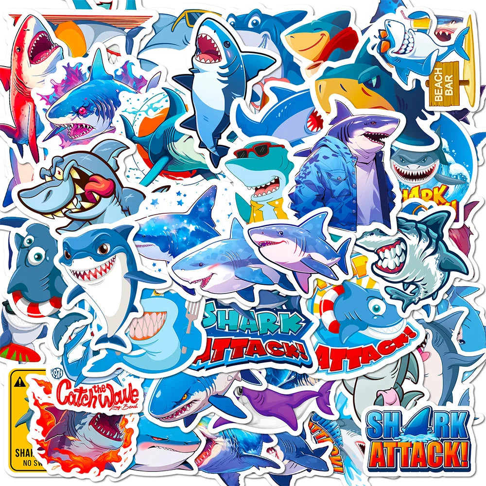 Cool Shark Stickers Pack - Waterproof Cartoon Decals for Kids, Car, Laptop, Water Bottle, Bike, Motorcycle (Online Order Only)