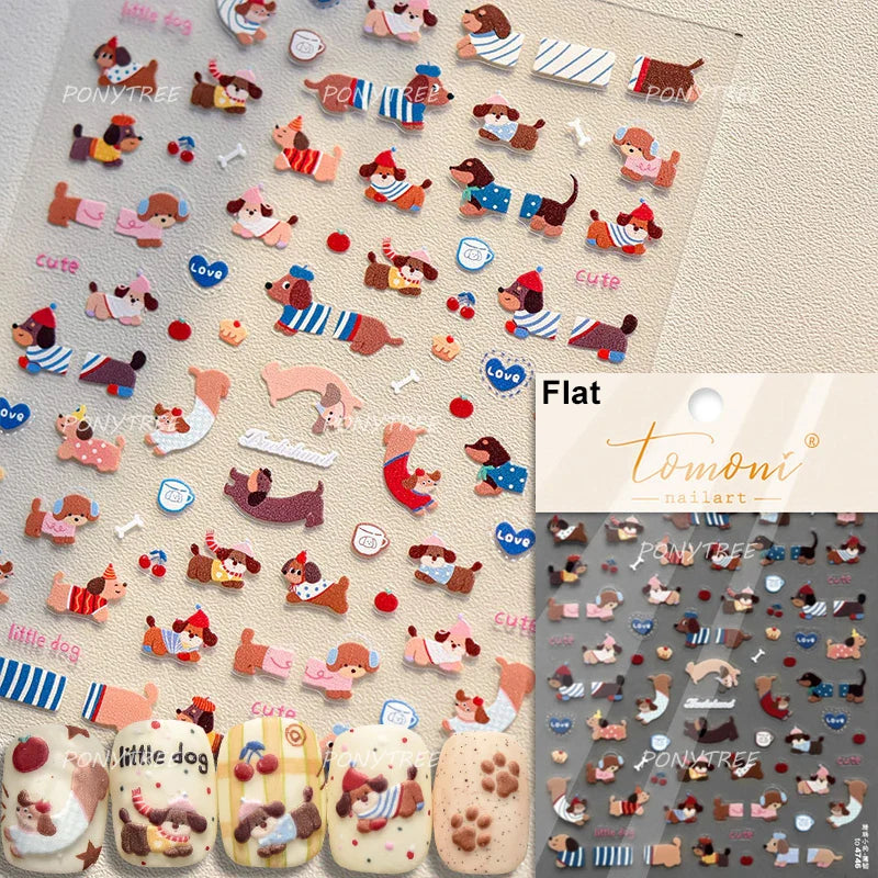 Spring Dog Bear Toy Rose Flower Floral Print Letter Bone Butterfly Cat Puppy Relief Adhesive Nail Art Stickers Manicure Decals (Online Order Only)