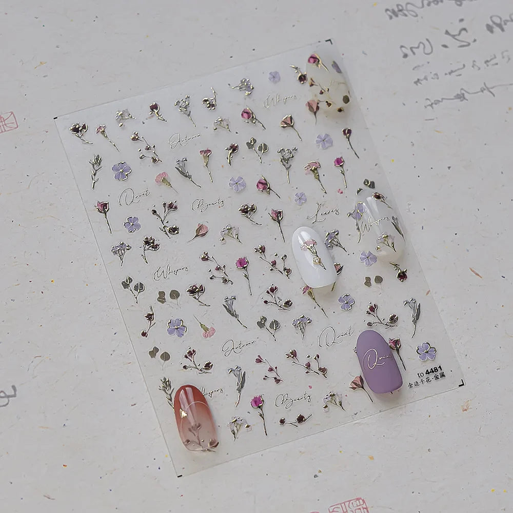 Dried Flowers Rose Butterfly Love Heart Golden Stroke Flying Crane Silver Adhesive Nail Art Stickers Rhinestone Manicure Decals (ONLINE ORDER ONLY)