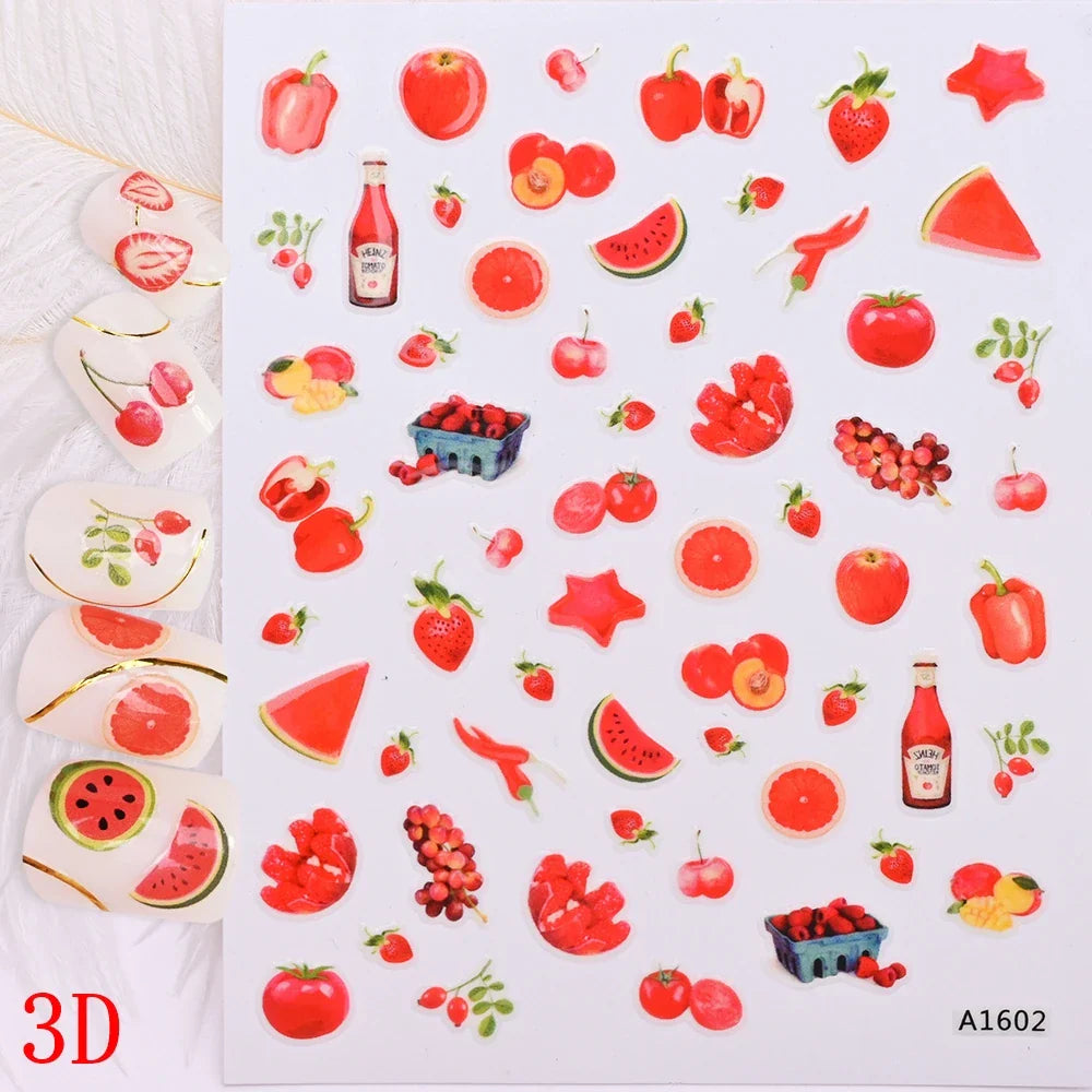 1Pc Sweet Cute Fresh Red Cherry Pattern Nail Stickers Self Adhesive Fruit Design Decals Women & Girls Homemade Manicure Supplies (ONLINE ORDER ONLY)