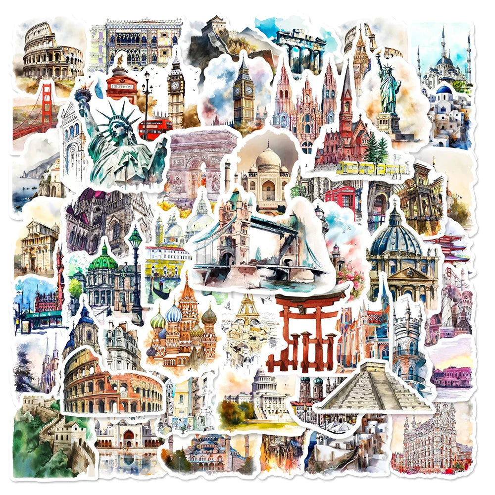 World Landmark Graffiti Stickers - 10/30/50pcs Aesthetic Travel Decals for Laptop, Suitcase, Phone (ONLINE ORDER ONLY)