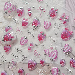 Cute Pink Tempting Strawberries Attractive Fruit Cutting Line Bowknot Star Silver Stamping Chic Nail Art Stickers Manicure Decal (ONLINE ORDER ONLY)