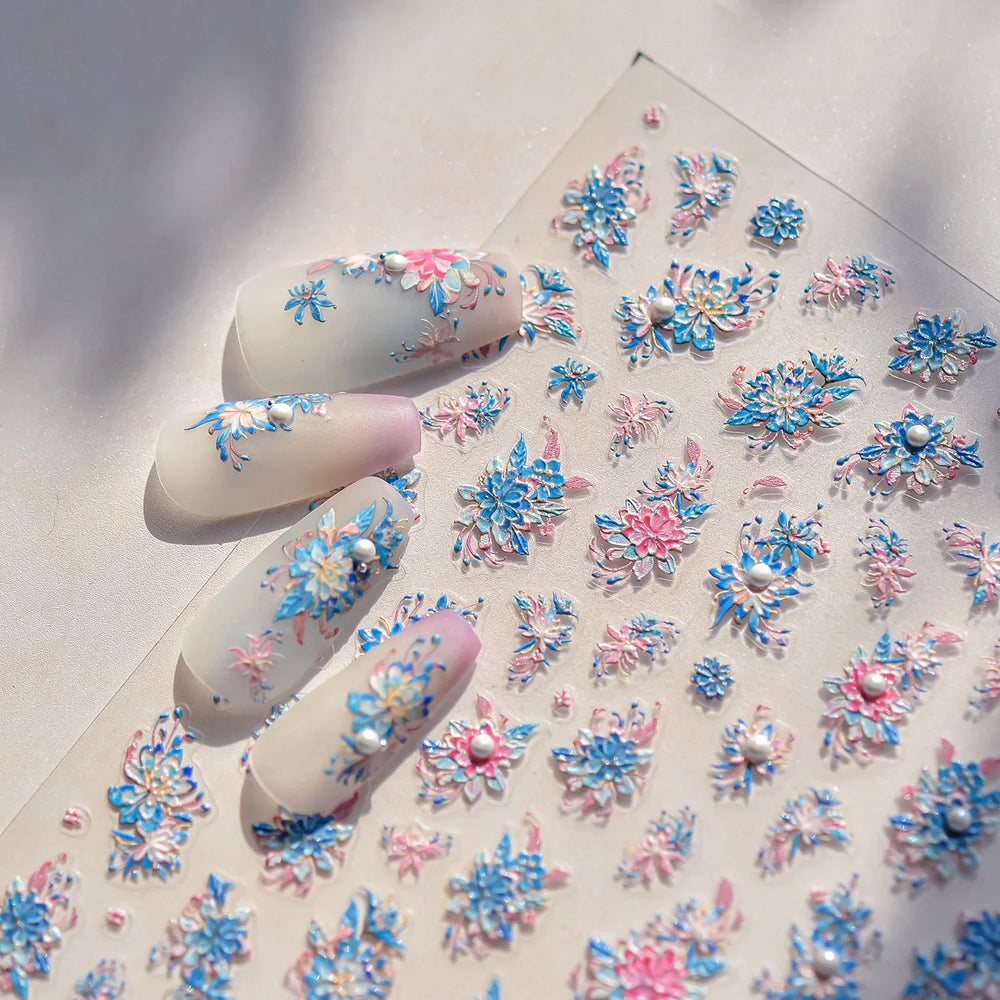 Delicate Shiny Pink Flower Blue Hairpin with Flower Decoration Self Adhesive Nail Art Stickers Pearl Rhinestone Manicure Decals (Online Order Only)