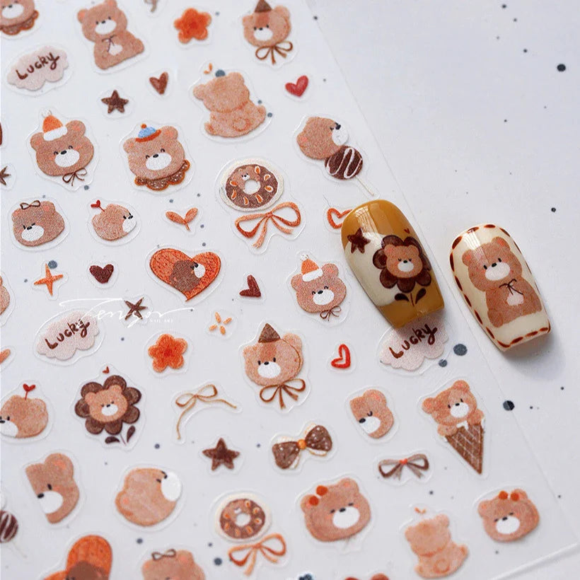 Cute Bear Teddy Birthday Party Maillard Bear Cake Flower Bouquet Lucky Love Heart 5D Adhesive Nail Art Sticker Manicure Decals (Online Order Only)