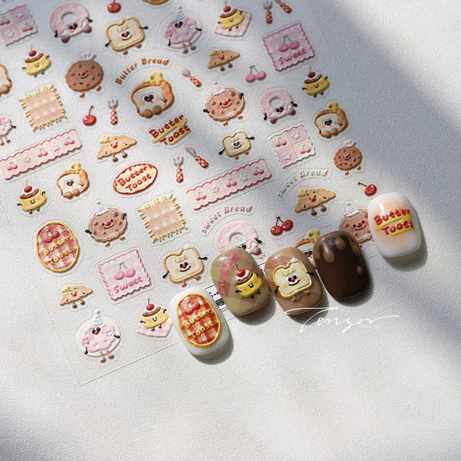 Toast Butter Brioche Bread Dim Sum Cookie Cherry Pudding Food Fork Doughnut Relief Adhesive Nail Art Stickers Manicure Decals (ONLINE ORDER ONLY)