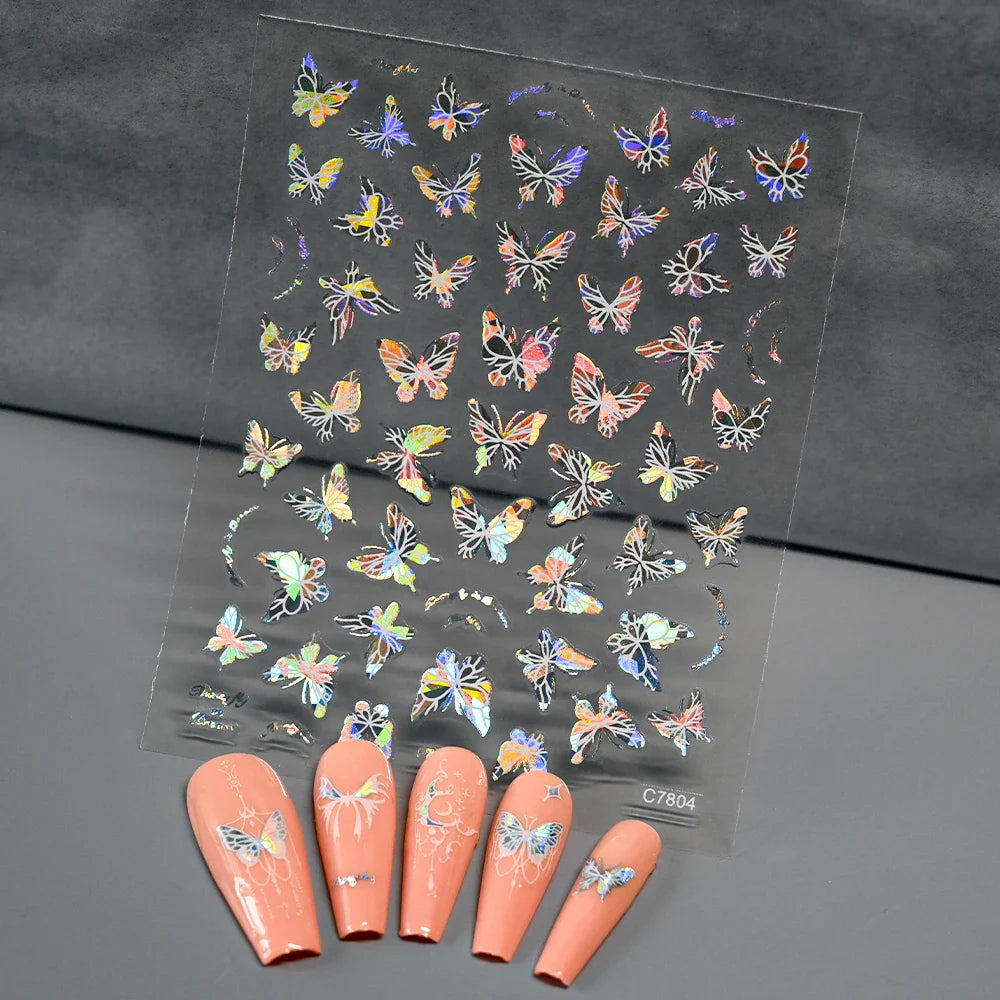 1pcs Butterfly Floral Nail Art Stickers Magic Shell Light Laser Black/White Nail Decoration Butterfly Slider Manicure Ornaments* (Online Order Only)
