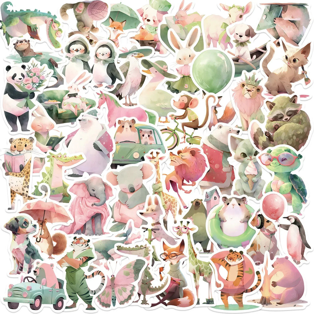 10/50Pcs Ins Style Cute Watercolor Pink Green Animals Stickers DIY Water Bottle Phone Laptop Luggage Skateboard Graffiti Decals (ONLINE ORDER ONLY)