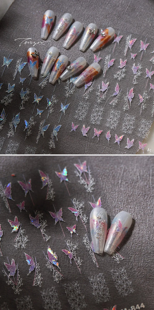 Butterfly Flower Hollow Out Lace Delicate Floral Print Shiny Cloth Block Insect Self Adhesive Nail Art Stickers Manicure Decals (Online Order Only)