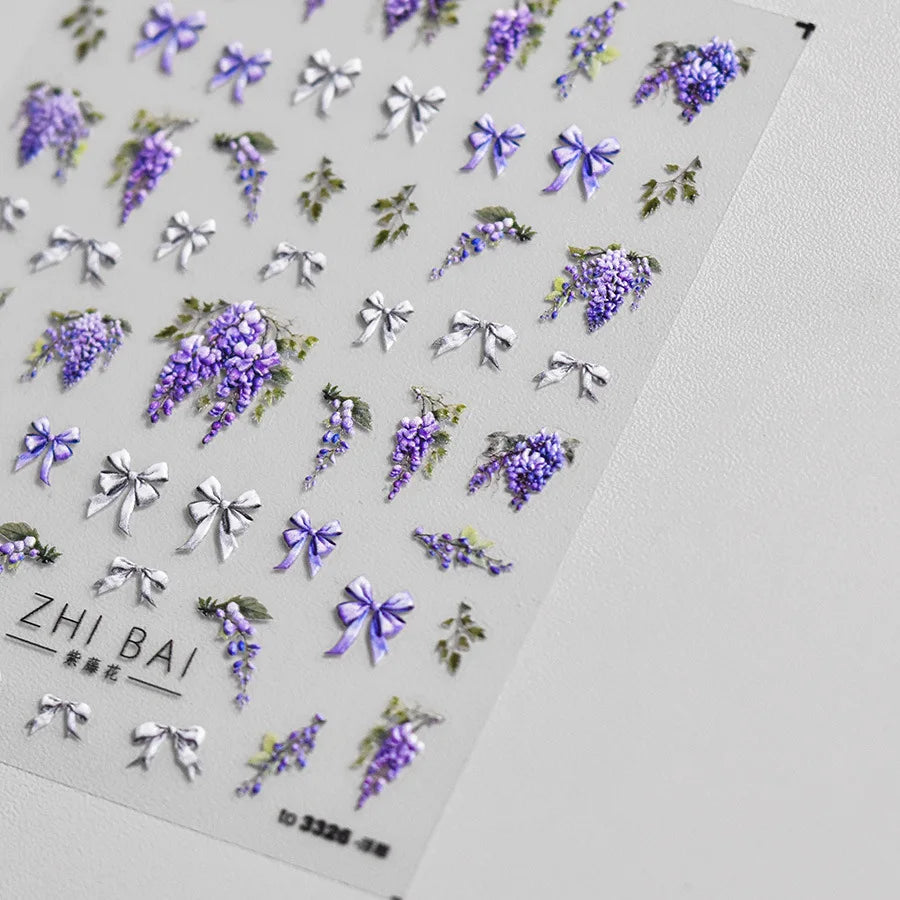 1pcs 5D Exquisite Kawaii Wisteria Flower Nail Art Stickers Purple Flower Bow Nail Decoration Slider Decal Adhesive Transfer Part (Online Order Only)