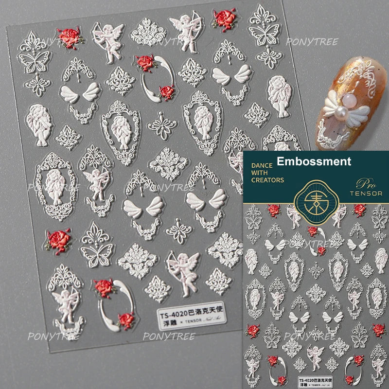 European Garden Angel Wing White Rose Flower Bed Vase Lace Bowknot Statue Adhesive Nail Art Decoration Sticker Manicure Decals (ONLINE ORDER ONLY)