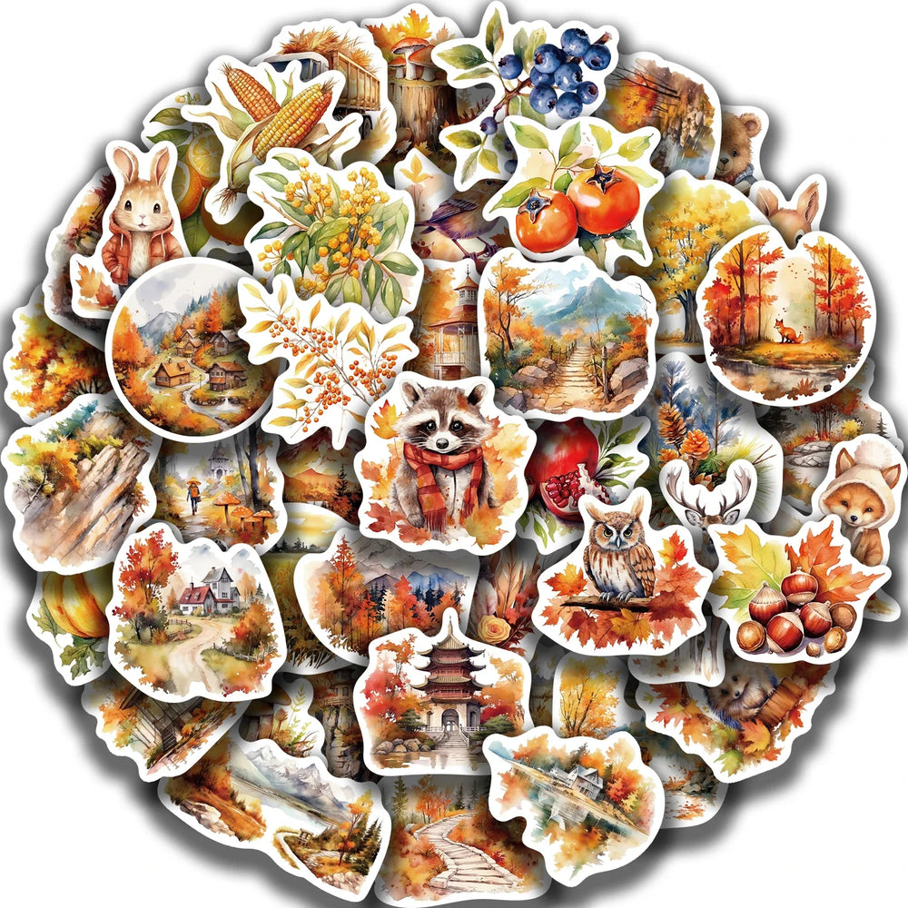 50pcs Waterproof Graffiti Cute Cartoon Autumn Animals Foods Stickers For Laptop Water Bottle Luggage Notebook Vinyl Decals﻿ (ONLINE ORDER ONLY)