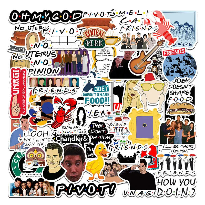 50pcs Friends Cartoon Stickers for Laptop, Phone, Water Bottle, Scooter, Suitcase, Refrigerator (Online Order Only)