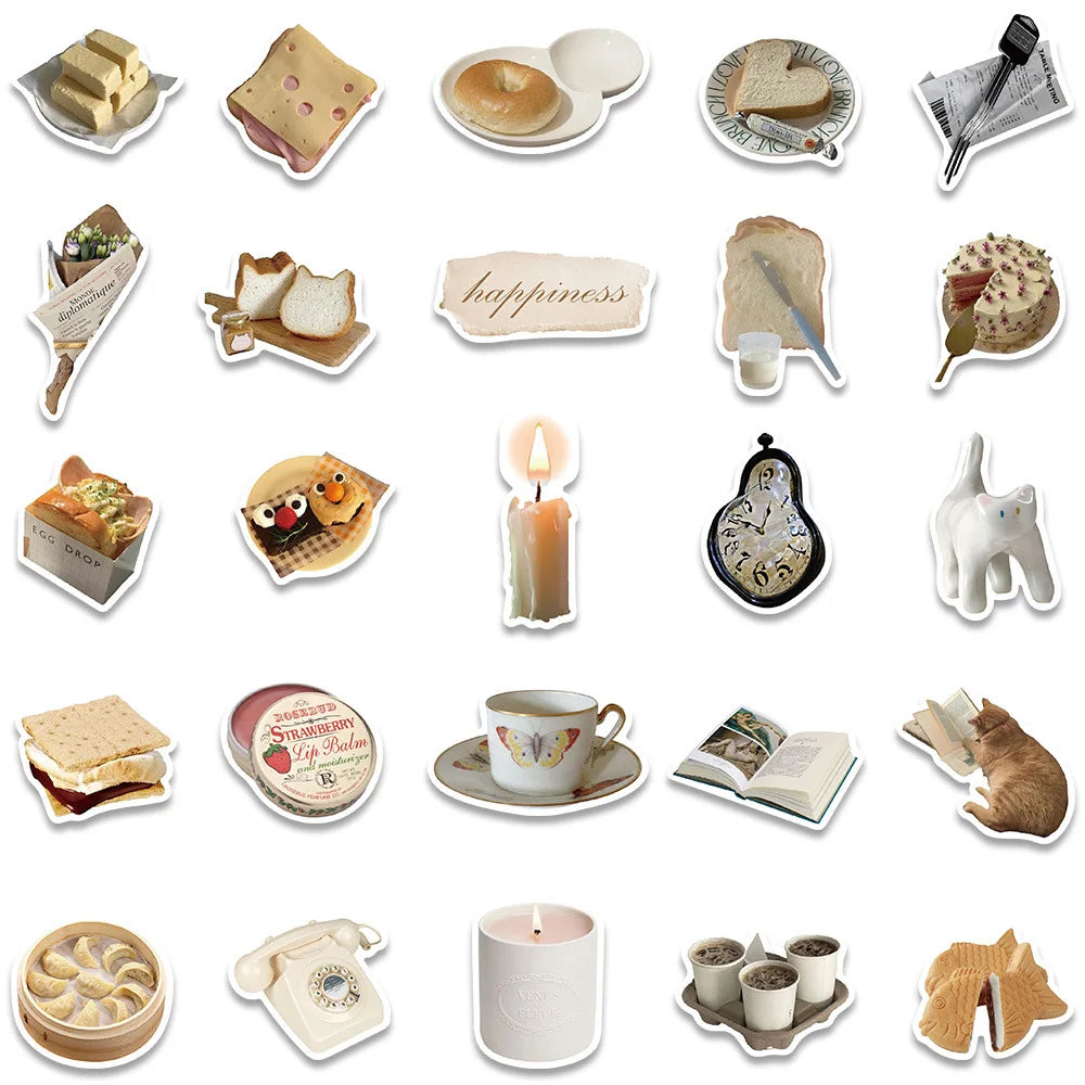 10/30/60pcs Retro Cartoon Ins Style Cute Stickers Vintage Funny Food Decals Phone Suitcase Laptop Notebook Car Wall Sticker Toy (ONLINE ORDER ONLY)