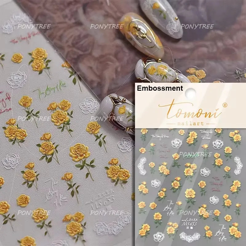 Watercolor Style Colourful Rose Flower Embossment Romantic Garden 5D Self Adhesive Nail Art Decoration Stickers Manicure Decals (ONLINE ORDER ONLY)