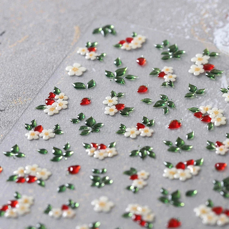 Delicate Chic White Flower Jelly Green Leaves Red Fruits Lily Gardenia Self Adhesive Nail Art Stickers Rhinestone Manicure Decal (Online Order Only)